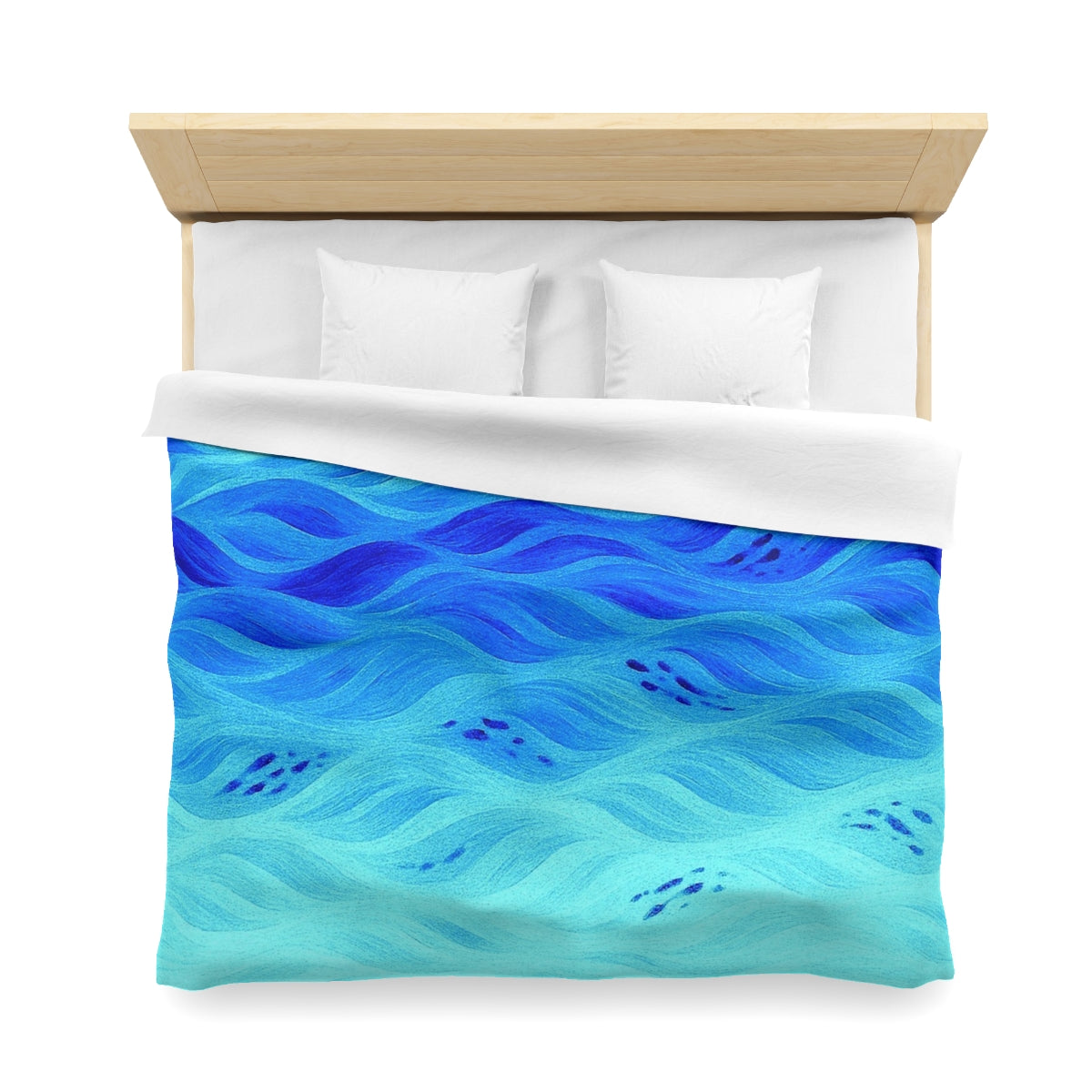 King size microfiber duvet cover in Azure with white lining, designed with fluid blue waves and soft highlights