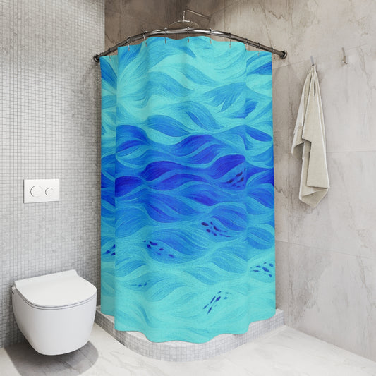Azure version hanging in a bright bathroom, with gradient waves from aqua to deep blue accented by gold flecks