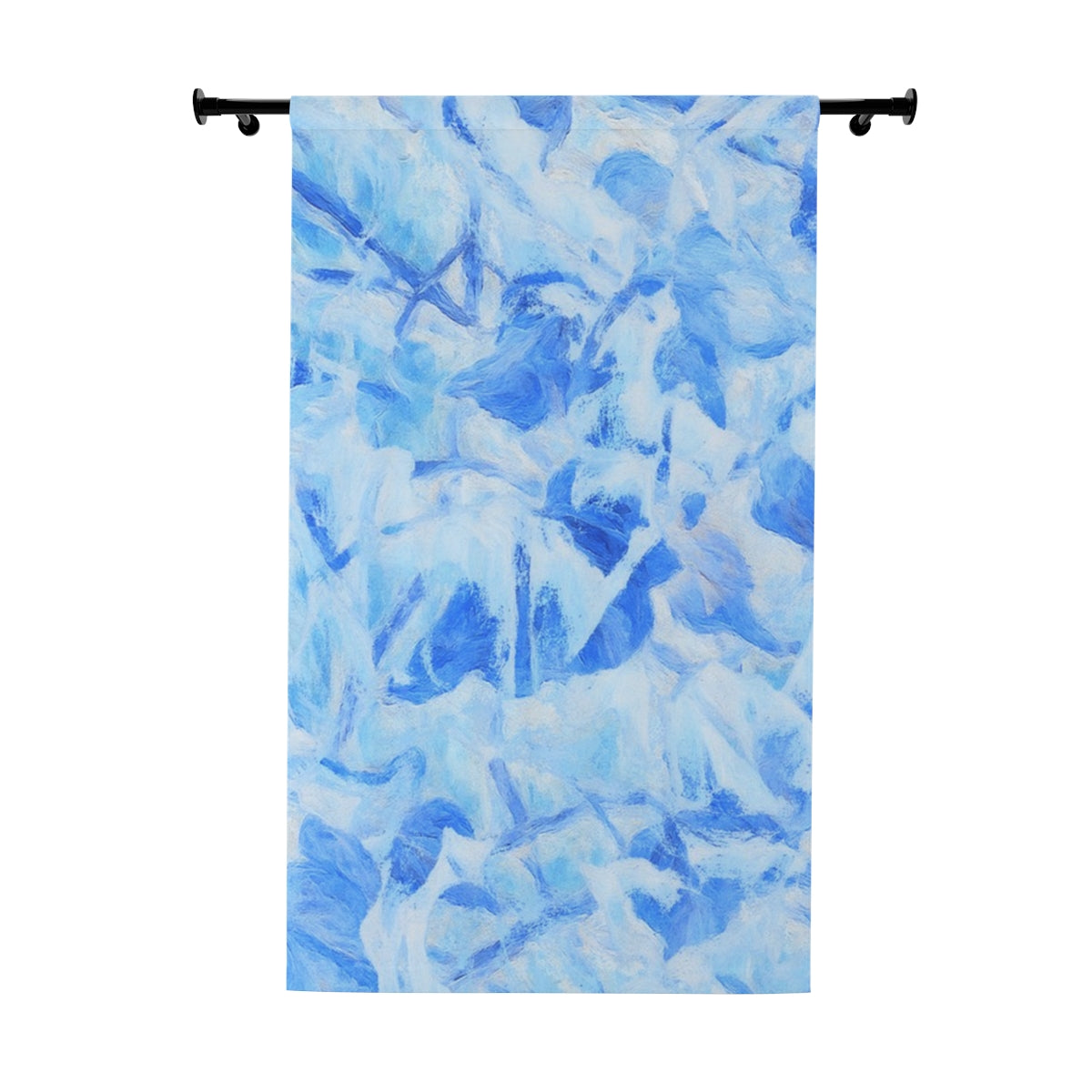 Blackout curtain with layered abstract leaf shapes in soft sky blue, ice, and cloud tones, shown against a plain white background