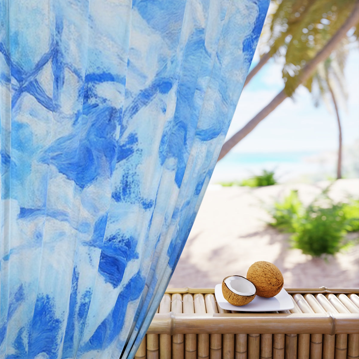 Detailed view of azure and white brushstrokes forming layered abstract leaves on blackout curtain fabric with a smooth matte finish