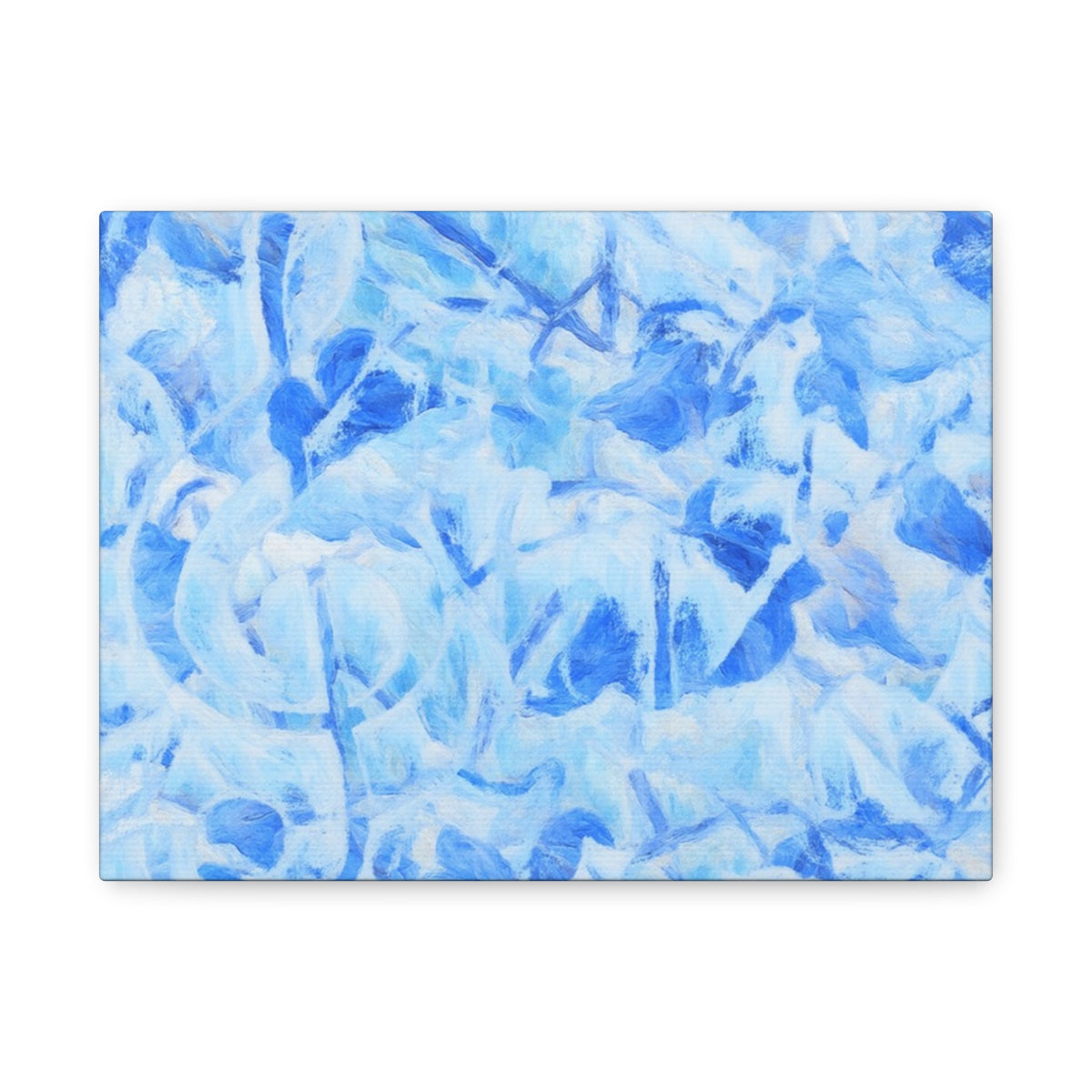 Soft blue abstract wall art with layered botanical strokes and a frozen, melodic atmosphere