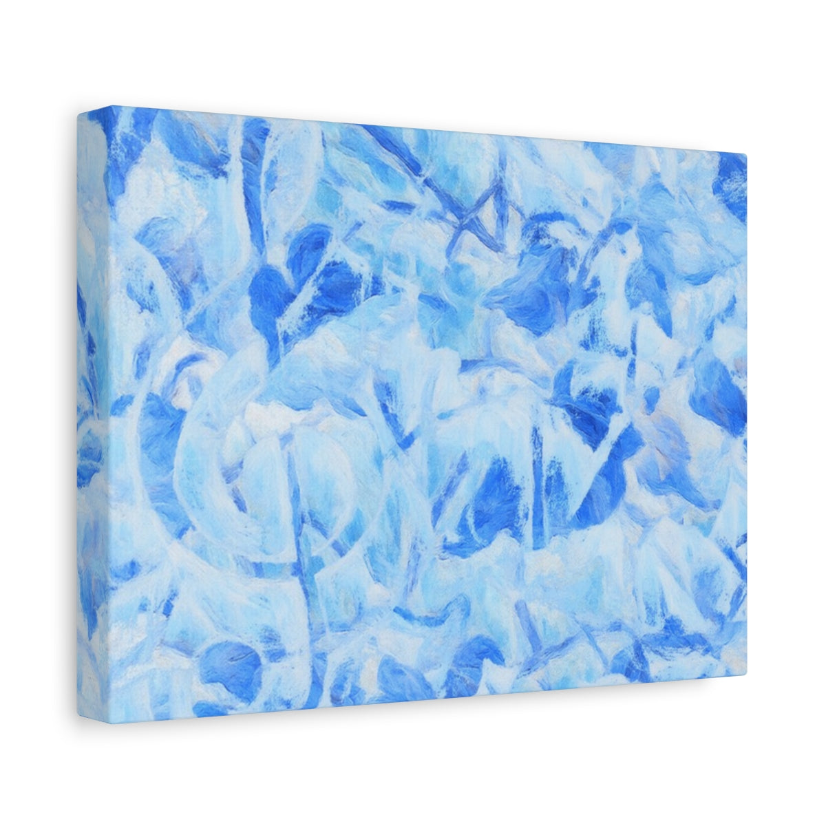 Soft blue abstract wall art with layered botanical strokes and a frozen, melodic atmosphere - angled view