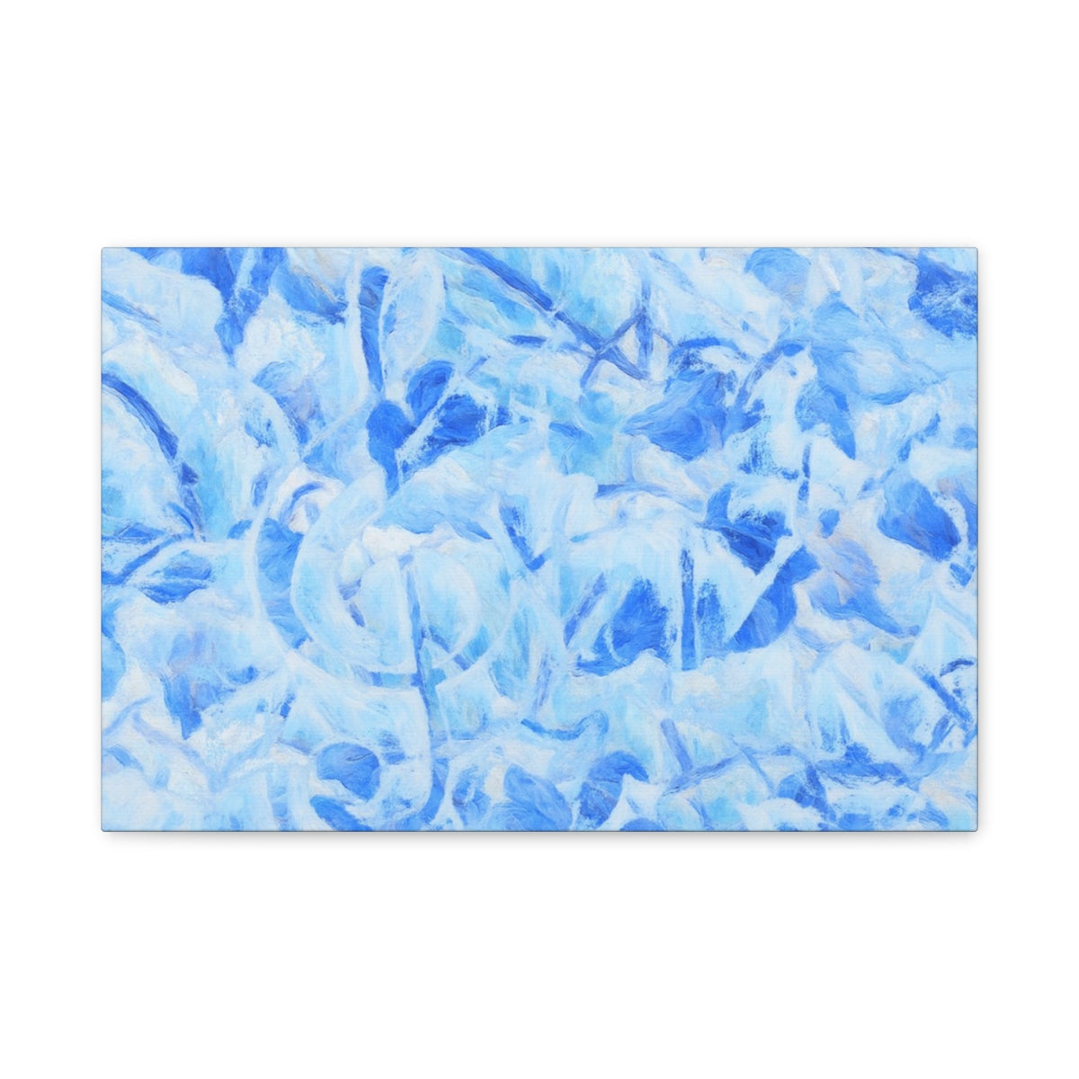 Soft blue abstract wall art with layered botanical strokes and a frozen, melodic atmosphere