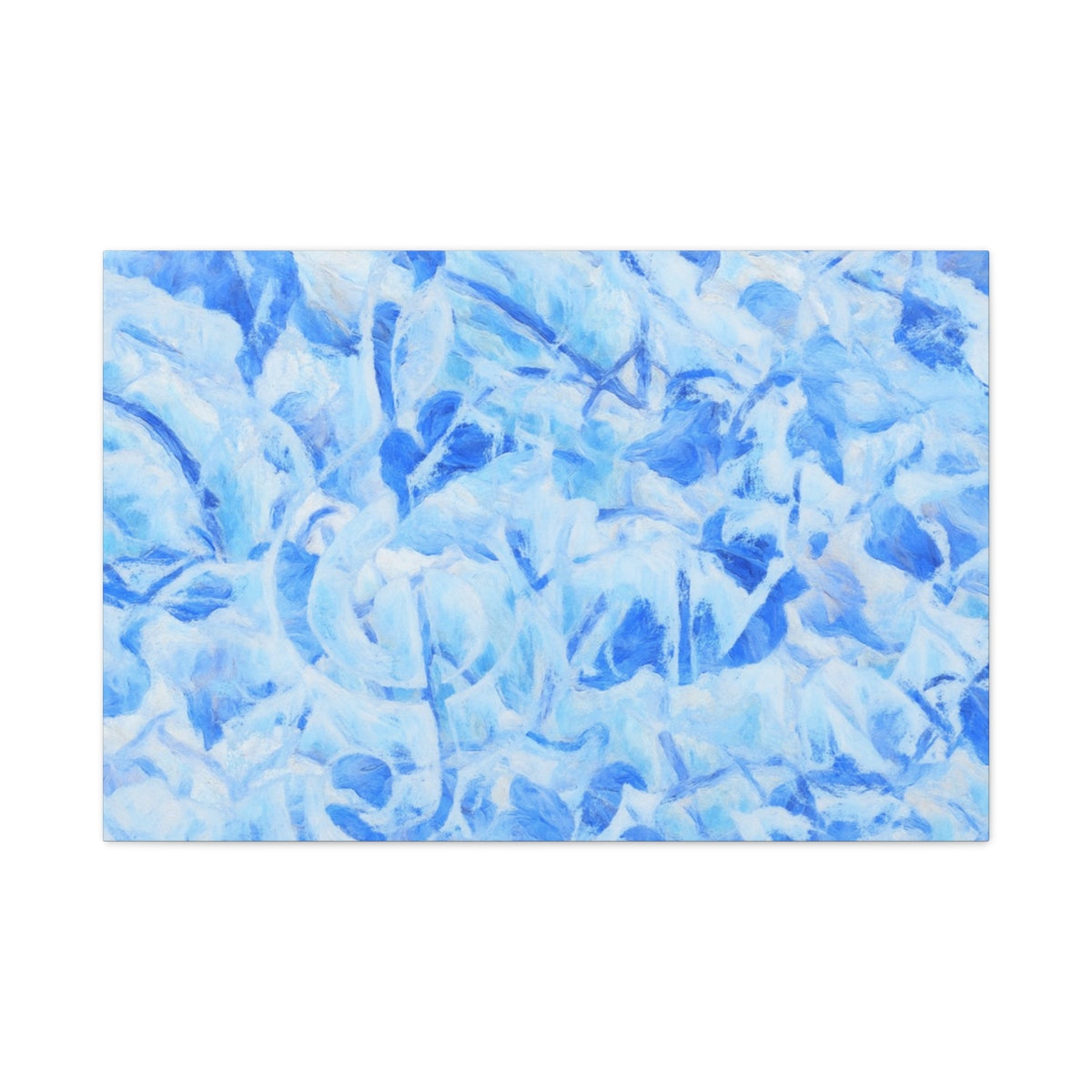 Soft blue abstract wall art with layered botanical strokes and a frozen, melodic atmosphere