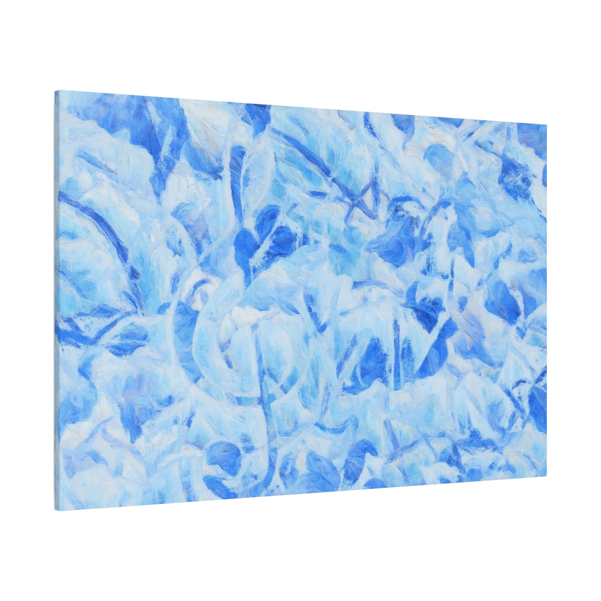 Soft blue abstract wall art with layered botanical strokes and a frozen, melodic atmosphere - angled view