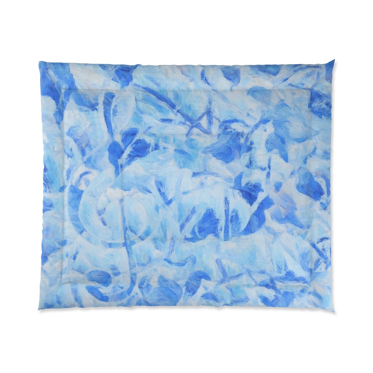 comforter with layered brushwork in pale blues and cool tones. Displayed on white background. Size: 104'' x 88''