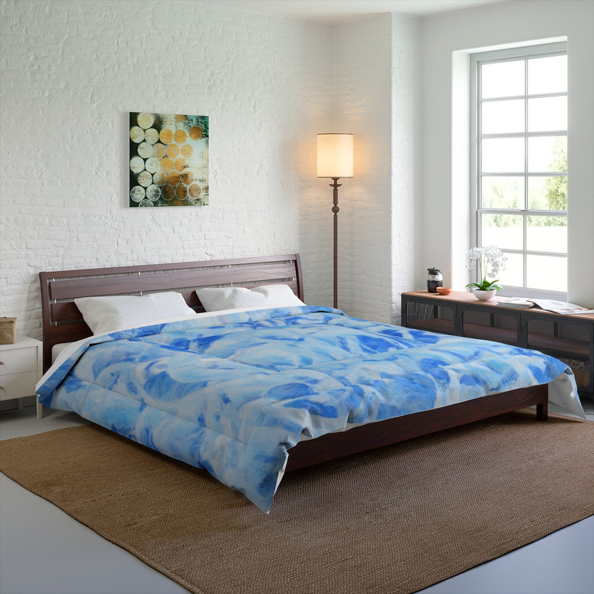 bedroom mockup with Azure Sonata comforter. Size: 104'' x 88''