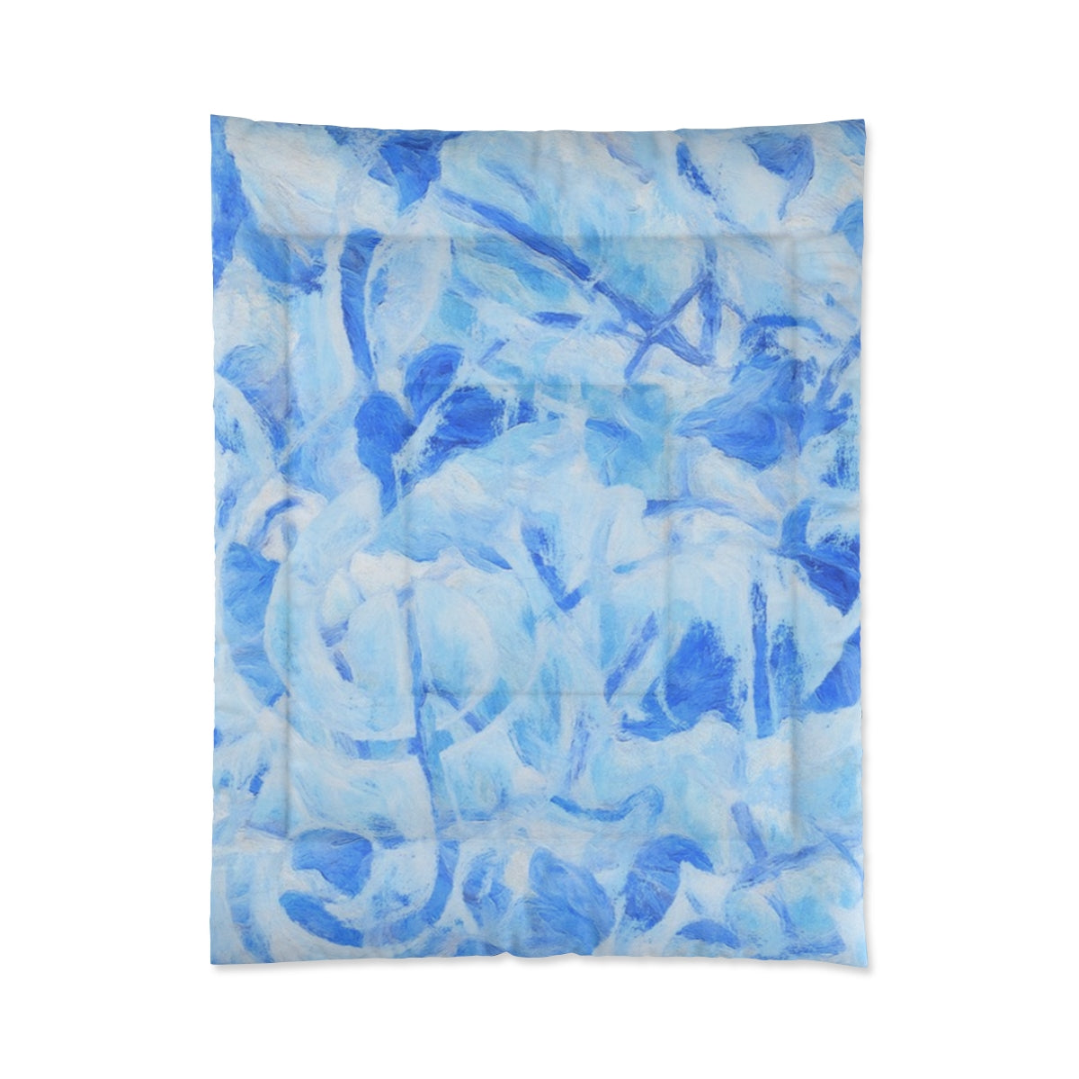 Comforter with pale blue and sky-toned abstract shapes in soft wave-like layers. Displayed on white background. Size: 68'' x 88''