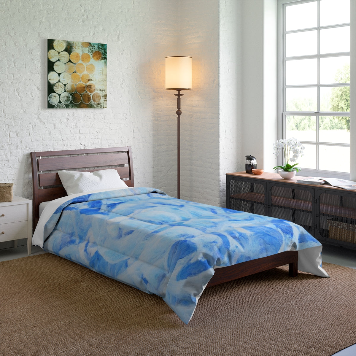 Bedroom with Azure Sonata comforter on a twin bed, showing gentle blue tones and fluid patterns. Size: 68'' x 88''