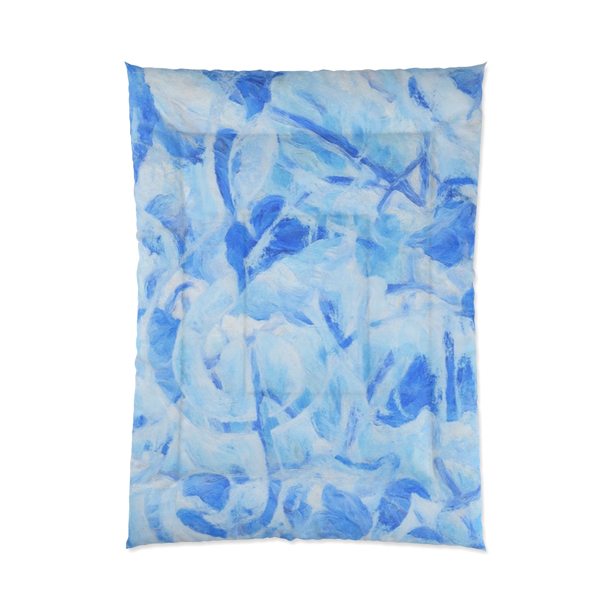 Comforter featuring layered cool blues with delicate brush textures. Displayed on white background. Size: 68'' x 92''