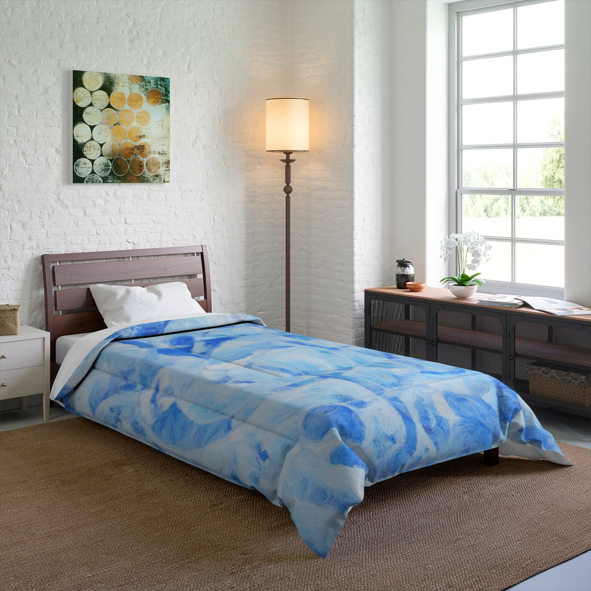 Simple bedroom mockup with Azure Sonata comforter styled on an elongated single bed. Size: 68'' x 92''