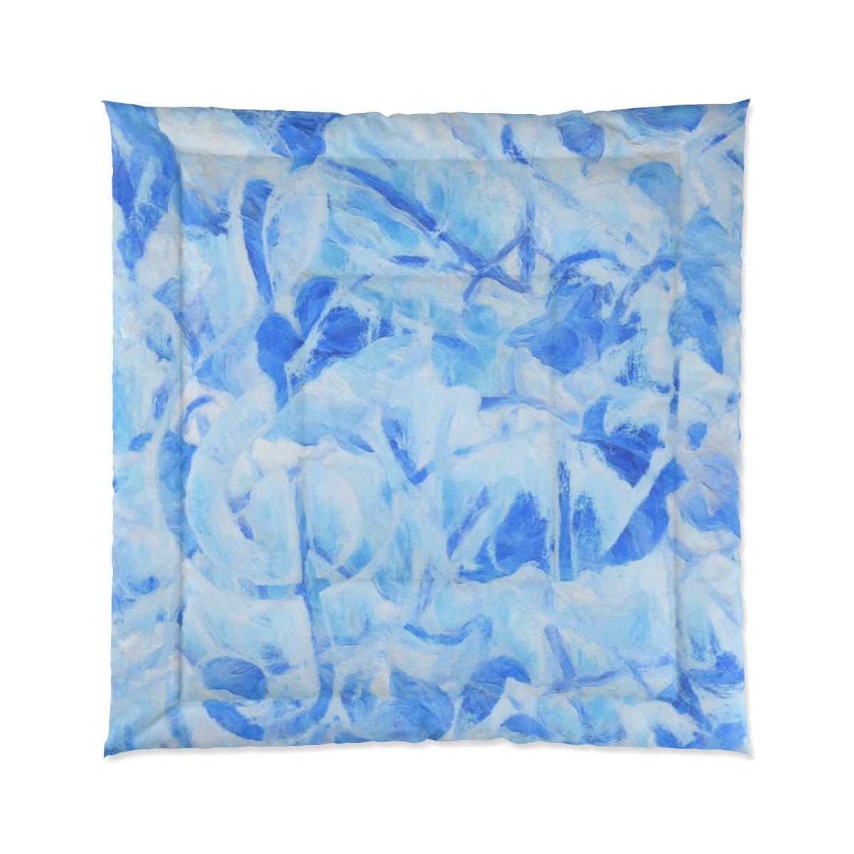 Square comforter in light aqua and sky blue abstract strokes. Displayed on white background. Size: 88'' x 88''