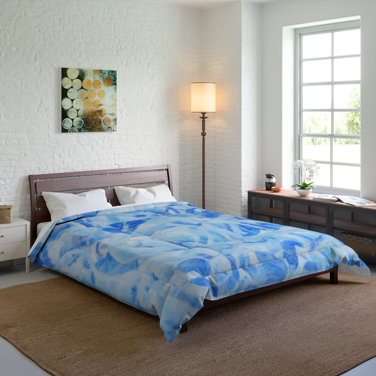 bed with Azure Sonata comforter in soft blue tones, creating a calm interior mood. Size: 88'' x 88''