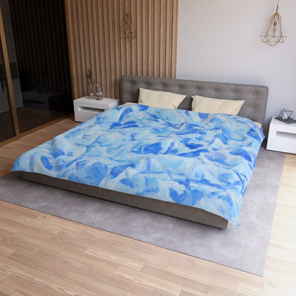 King size Azure Sonata duvet cover with cream lining, bold painterly design in layered blue tones on soft microfiber