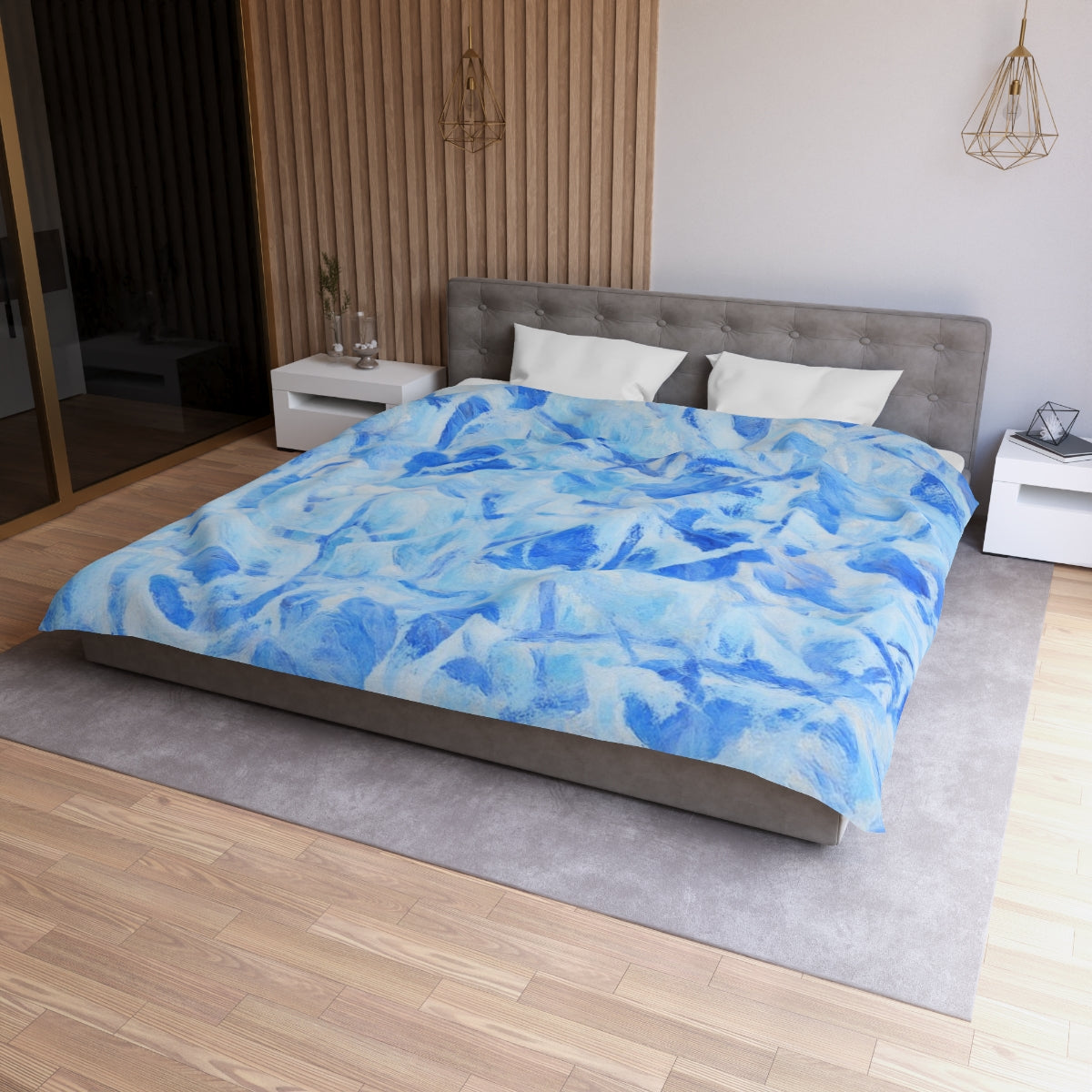 King size Azure Sonata duvet cover with white lining, bold painterly design in layered blue tones on soft microfiber