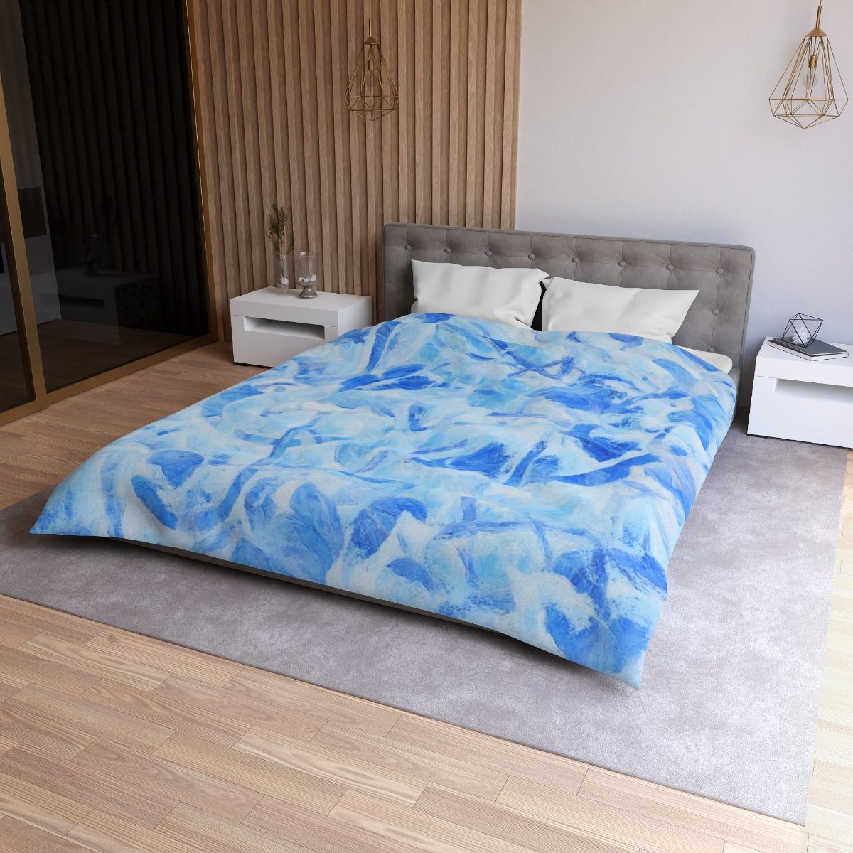 Queen size Azure Sonata duvet cover with white lining, abstract boho bedding in light and deep azure shades