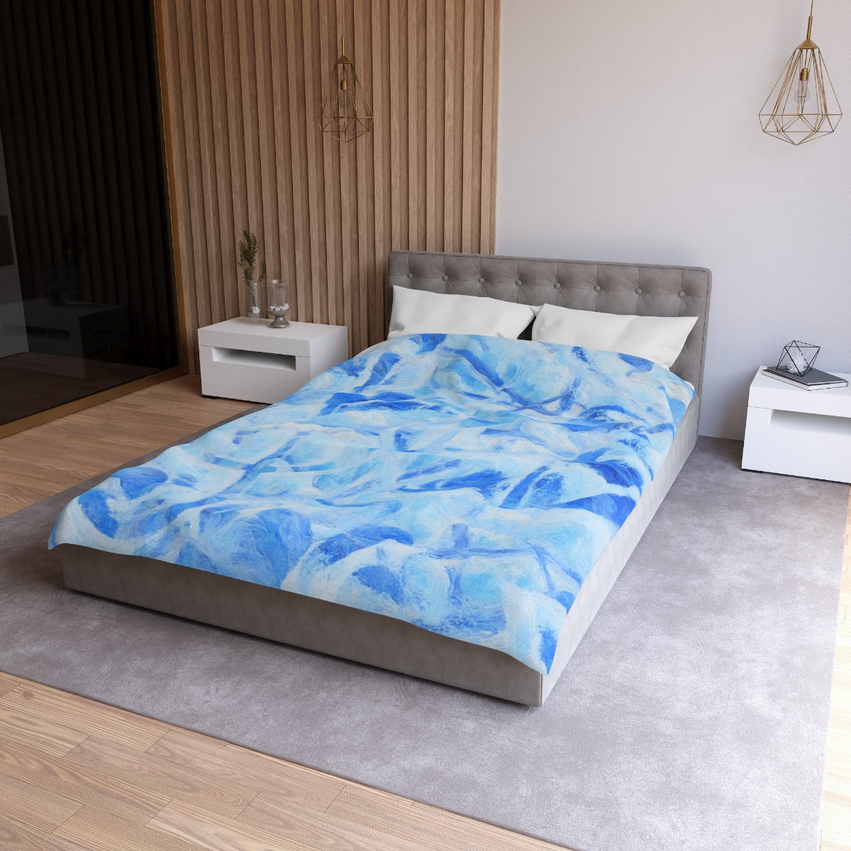 Twin size Azure Sonata duvet cover with white lining, featuring layered abstract leaf shapes in cool sky and ocean blues