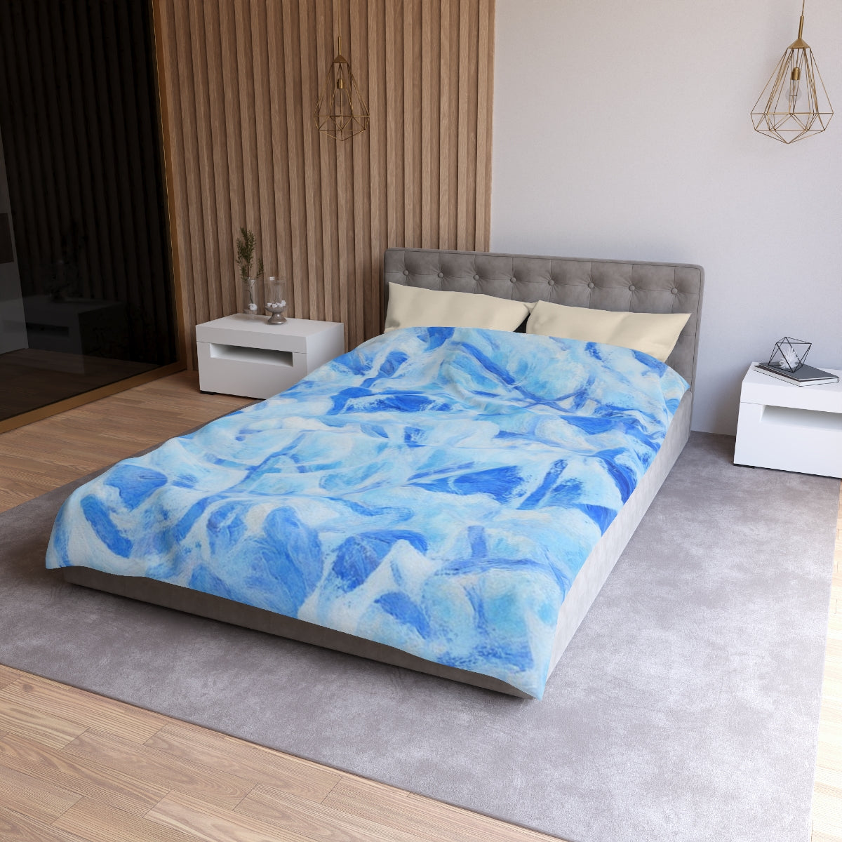 Twin XL size Azure Sonata duvet cover with cream lining, soft microfiber design in blue tones with fluid organic texture