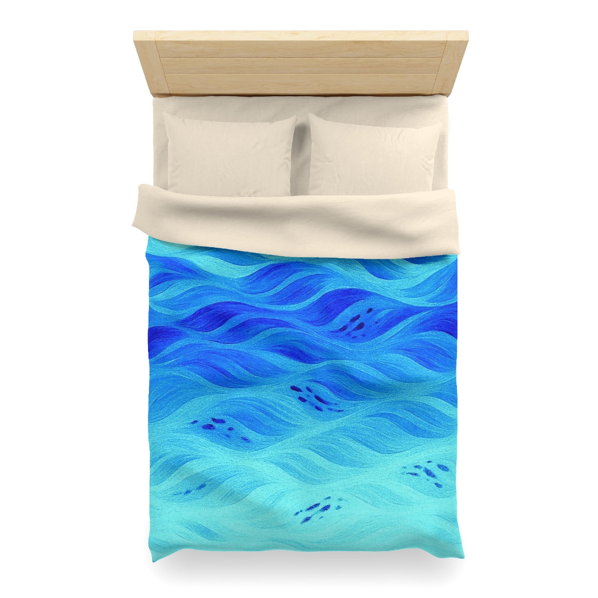 Twin XL size microfiber duvet cover in Azure with cream lining, featuring layered aquatic strokes in shades of deep and pale blue