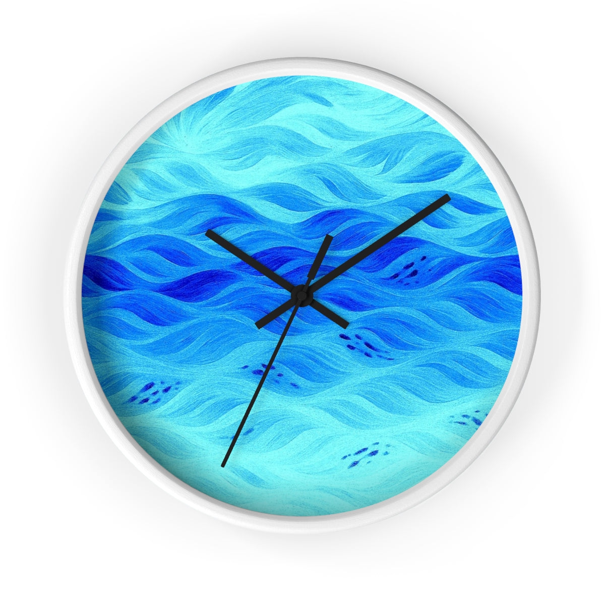 Round wooden wall clock with a painted white frame, black hour/minute/second hands, and a plexiglass face displaying teal-to-light-blue wave patterns