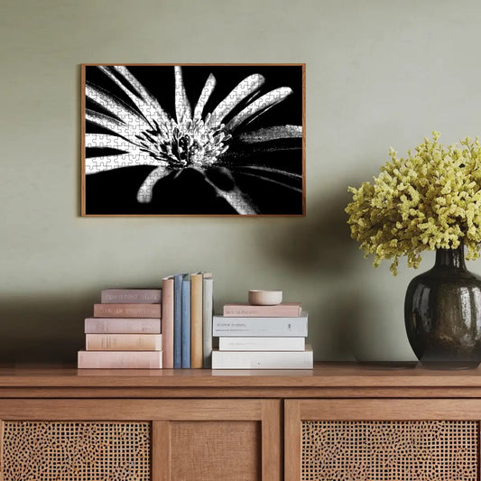 300-piece wooden jigsaw puzzle with a black and white close-up of a purple anemone, size 15" x 10.2", weight 0.35 kg