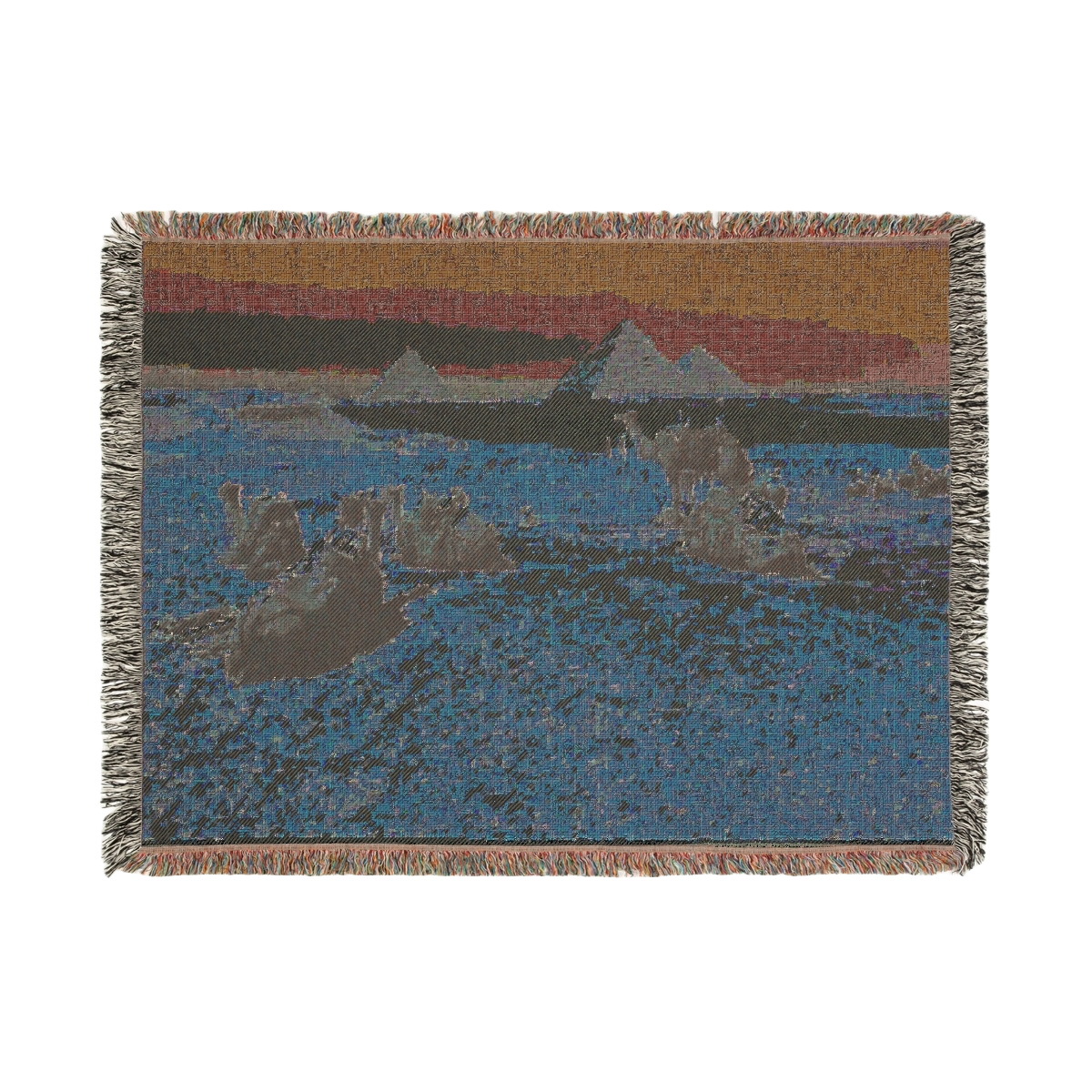 back side of woven blanket featuring camels desert and pyramids of giza size:52''37''