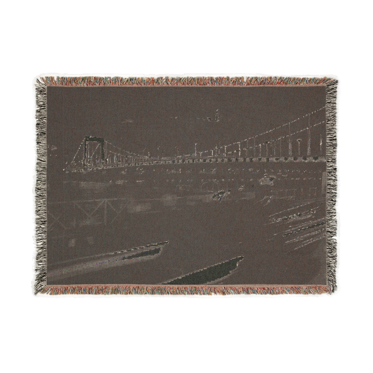 back of woven blanket featuring bridge in Budapest with Citadel in the background and car in foreground black and white long exposure