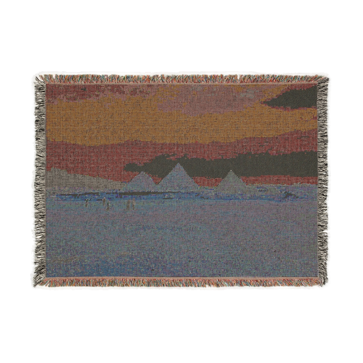 back side of woven blanket featuring Pyramids of Giza and 5 people