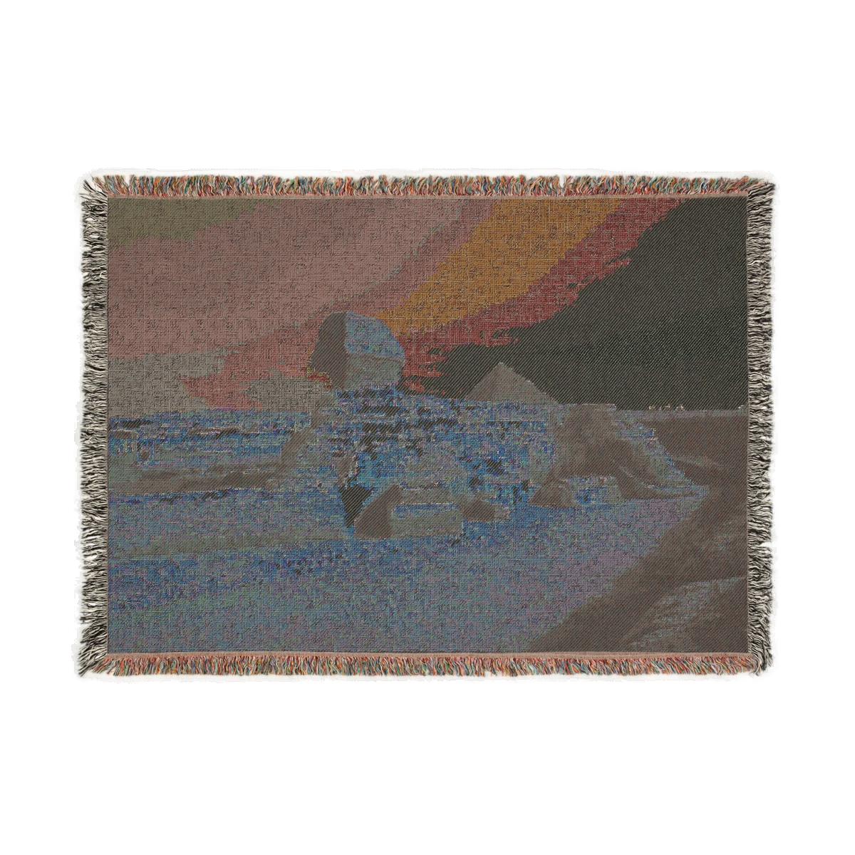 back of woven blanket featuring great sphinx with pyramid of Khufu in the background