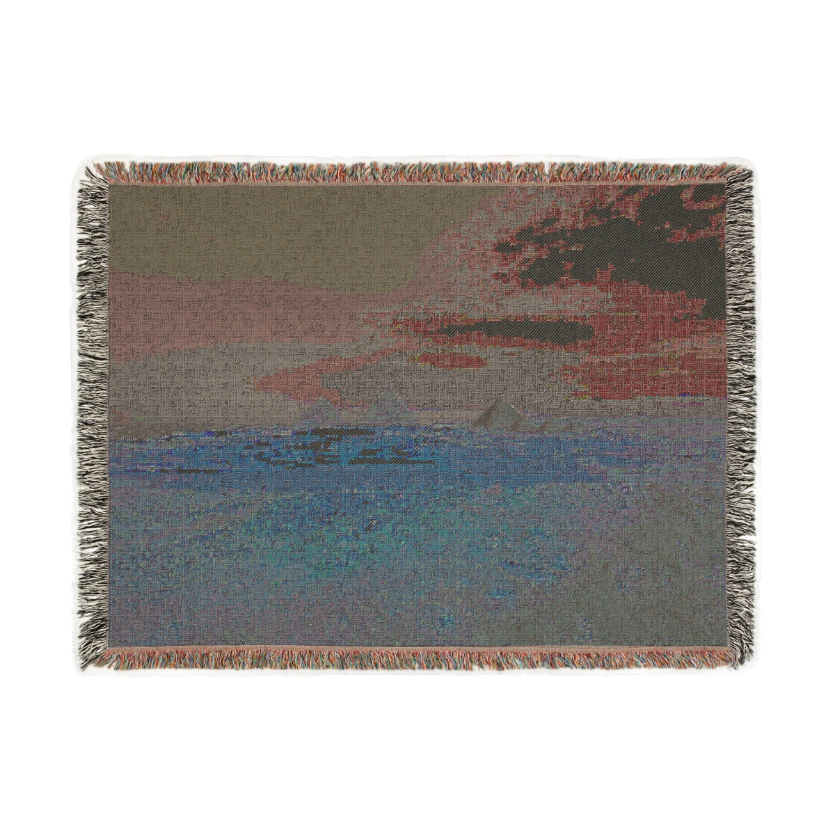 back of woven blanket featuring desert blue sky and pyramids of giza