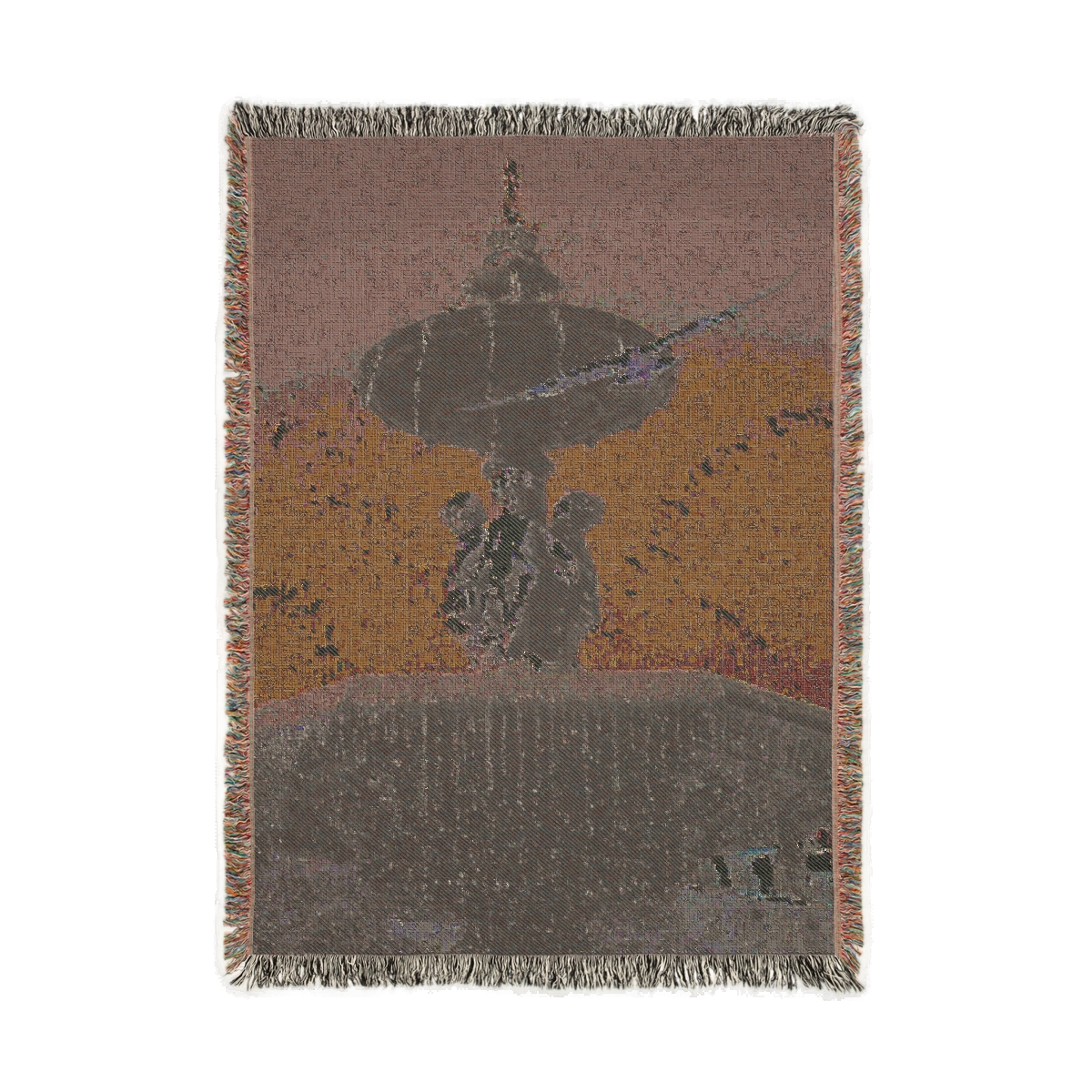 Back of Woven blanket featuring seagull in flight with fountain in Lisbon in the background