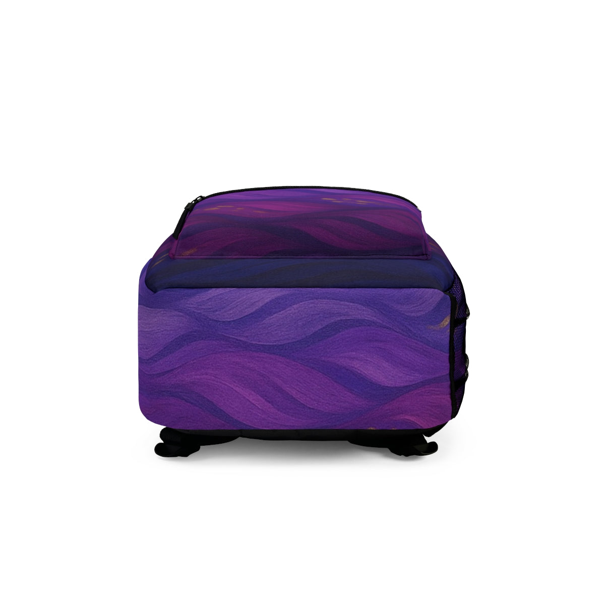 Bottom of the backpack in matching violet tones with subtle golden wave detail along the base, rounded corners and seam visible