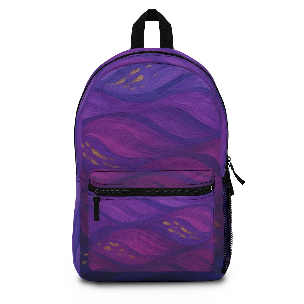 Front view of the backpack featuring deep violet and purple wave patterns with gold accents, forming flowing abstract shapes.