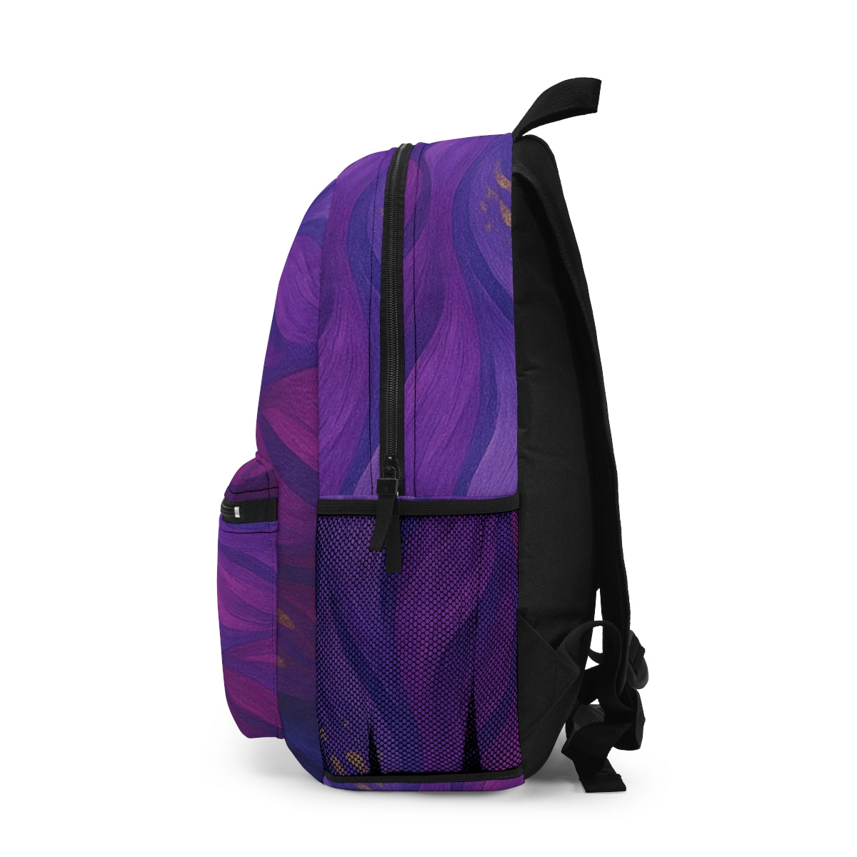 Left side of the backpack with purple wave textures wrapping smoothly around the body, mesh side pocket visible in black
