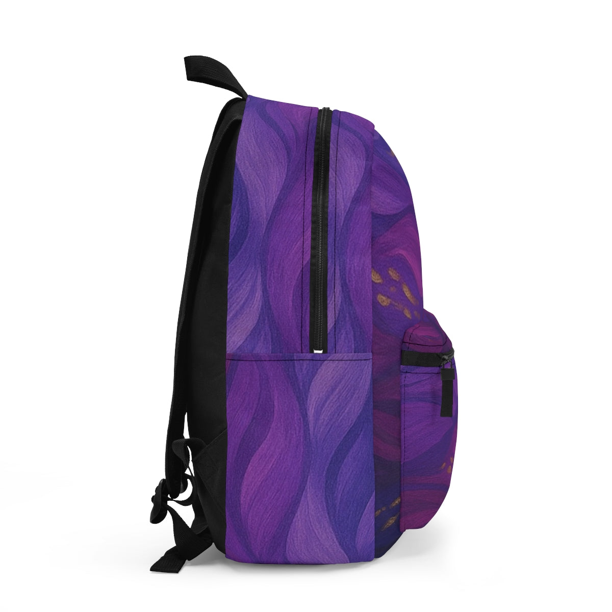 Right side of the backpack showing the continuation of violet and gold abstract waves, strap attachment and side curve in view