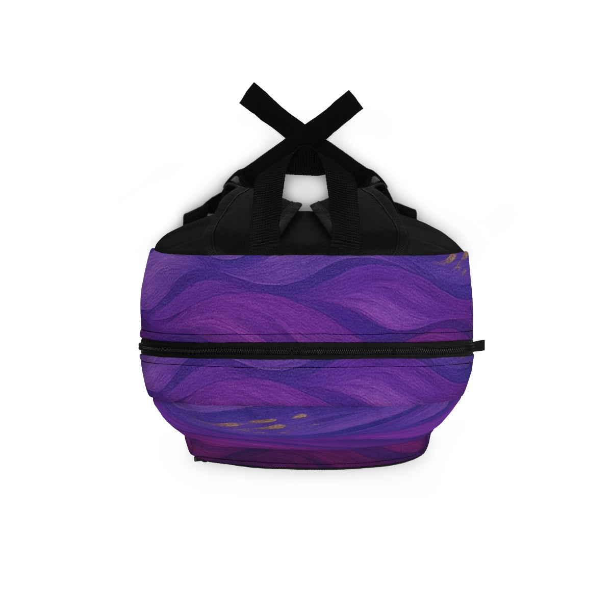 Top-down view of the backpack displaying the rounded top with layered purple waves and a black fabric carry handle