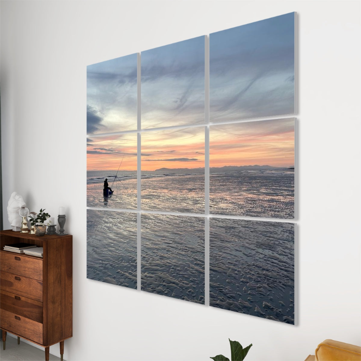 Beach Sunset Landscape 9 Decorative Sound Absorbing Wall Panels showing a peaceful ocean sunset with a person fishing