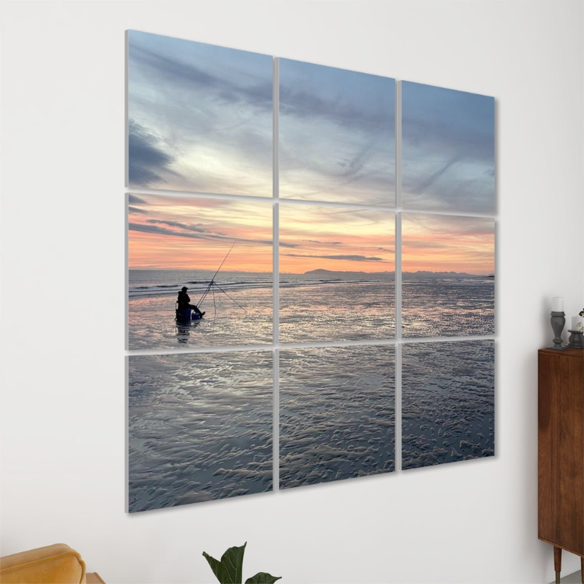 Beach Sunset Landscape 9 Decorative Sound Absorbing Wall Panels showing a fishing scene at sunset over the ocean