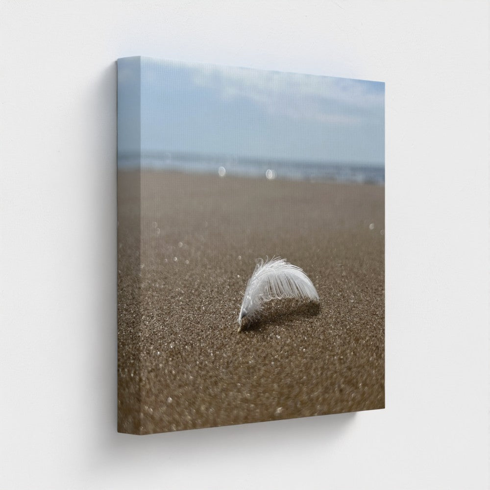 Papi's Canvas beach wall art eco-friendly decor featuring a feather on the sand