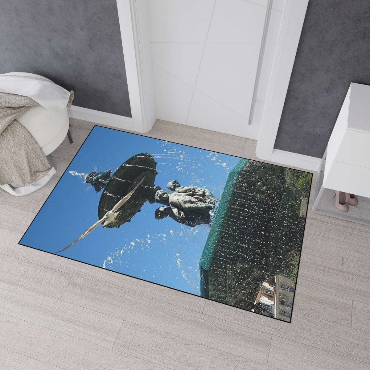 Heavy Duty Floor Mat featuring seagull in flight with fountain in Lisbon