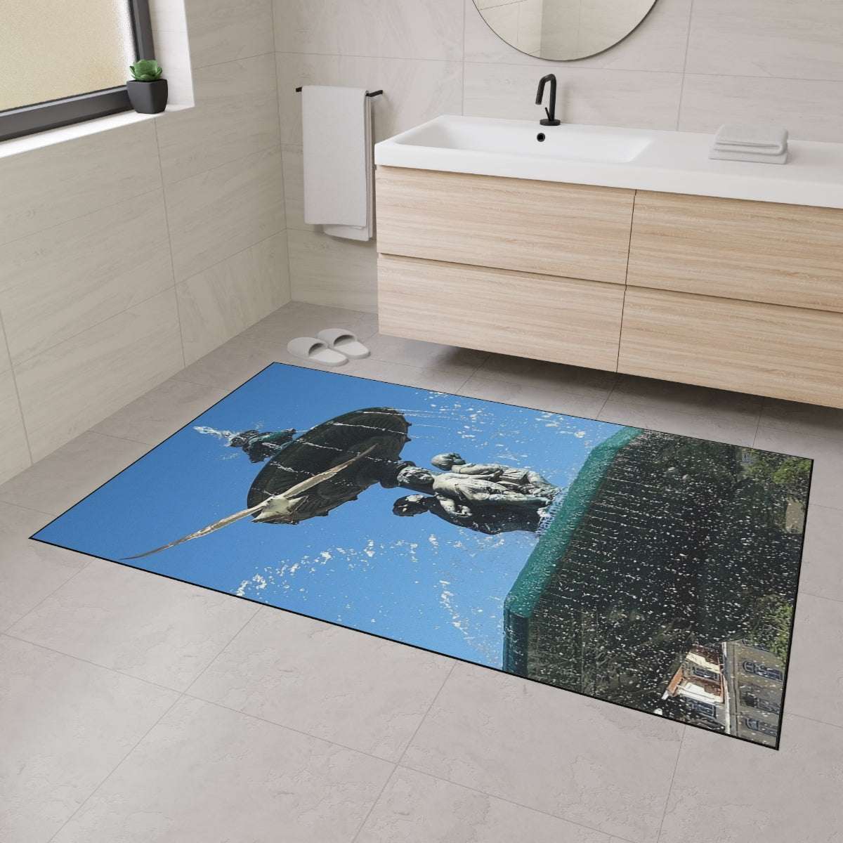 Heavy Duty Floor Mat featuring seagull in flight with fountain in Lisbon