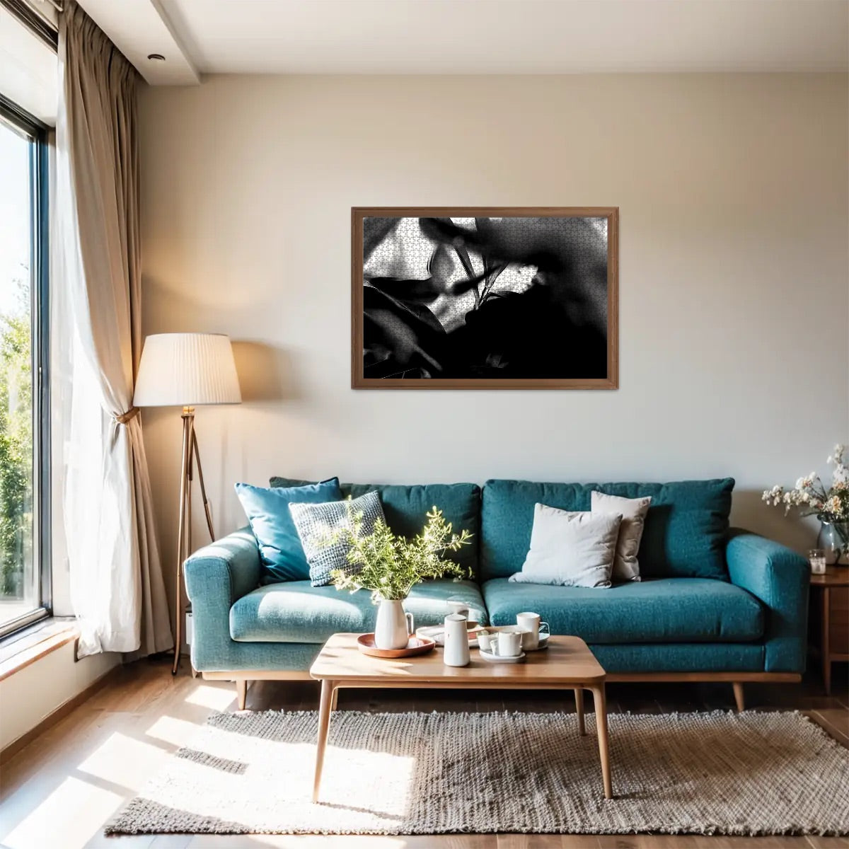 Greyscale version of red and green foliage jigsaw puzzle with soft-focus and blurred background