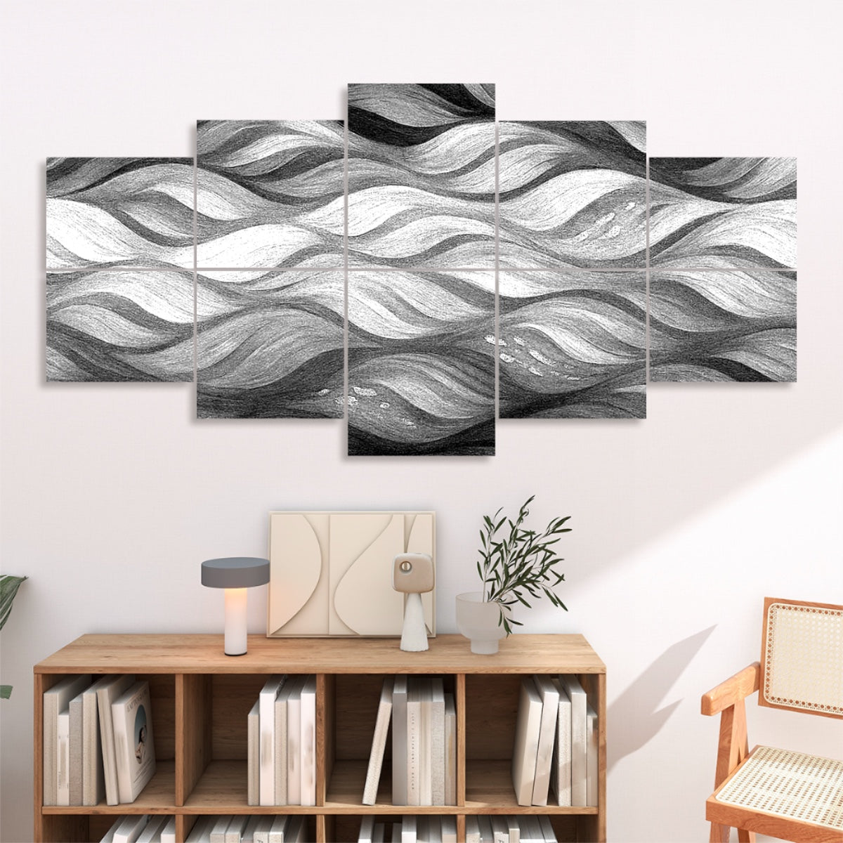 Black and white version of Gilded Amethyst Currents across ten decorative panels, emphasizing sharp contrast and structured wave motion.