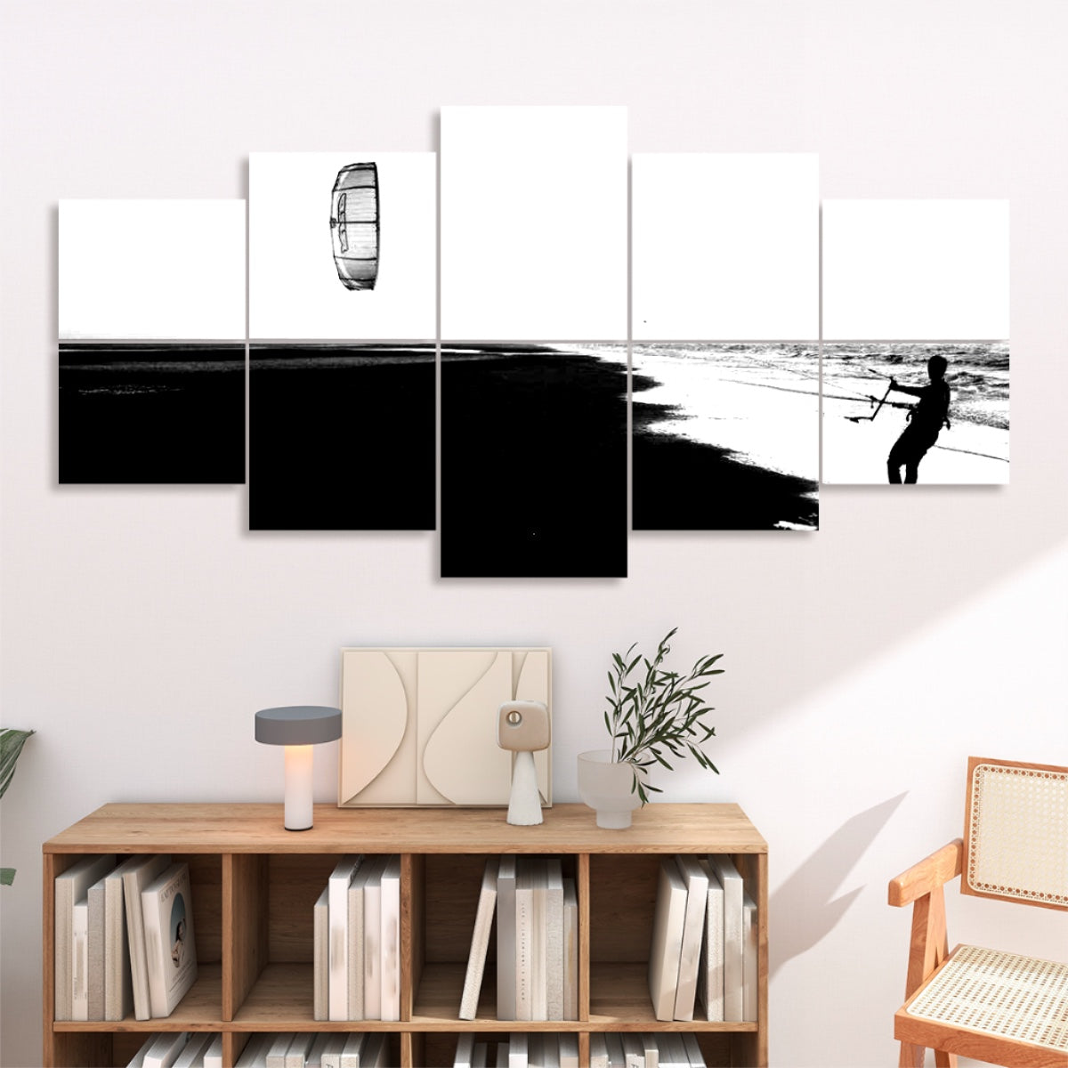 Ten panels arranged in two rows depicting the kitesurfer’s silhouette against the bright surf and sky
