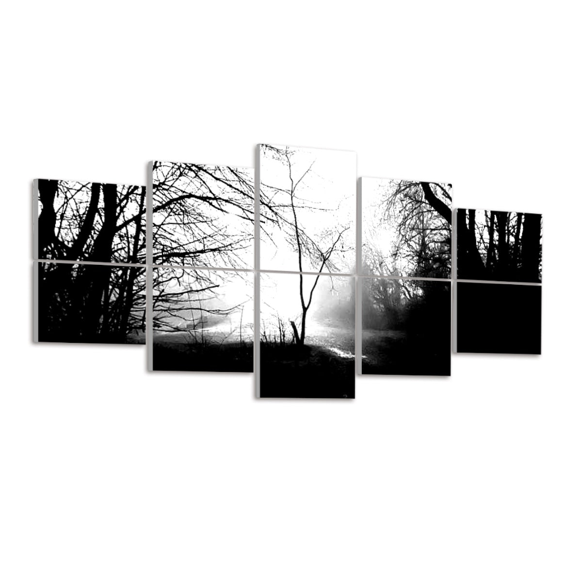 Ten panels in stark monochrome show bare black branches against a crisp white sky. The glowing orb appears as a bright white circle, hovering above a dark path that winds into shadowy undergrowth. The high-contrast scene emphasizes silhouette and mist