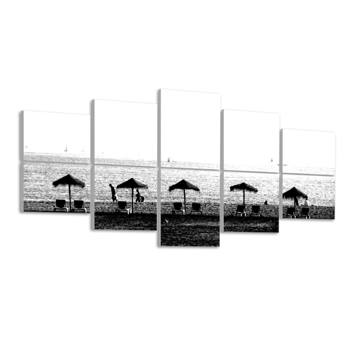 10 panels in black and white showing a Málaga beach with umbrellas chairs and sailboats outlined against the sea, angled view