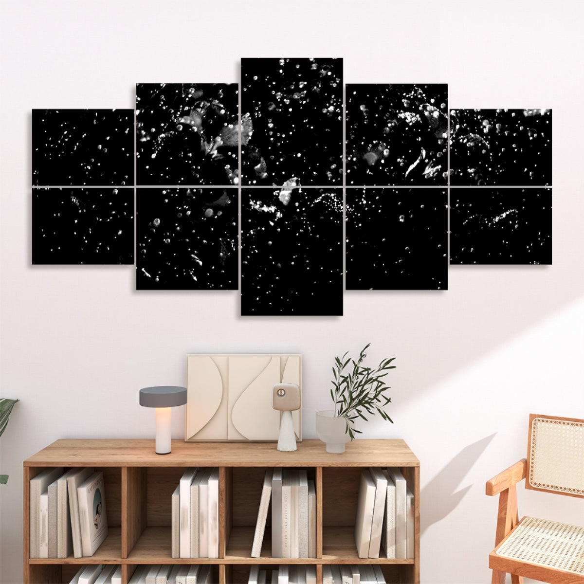 Interior mockup showing the black and white variant above a shelf with a neutral-toned background