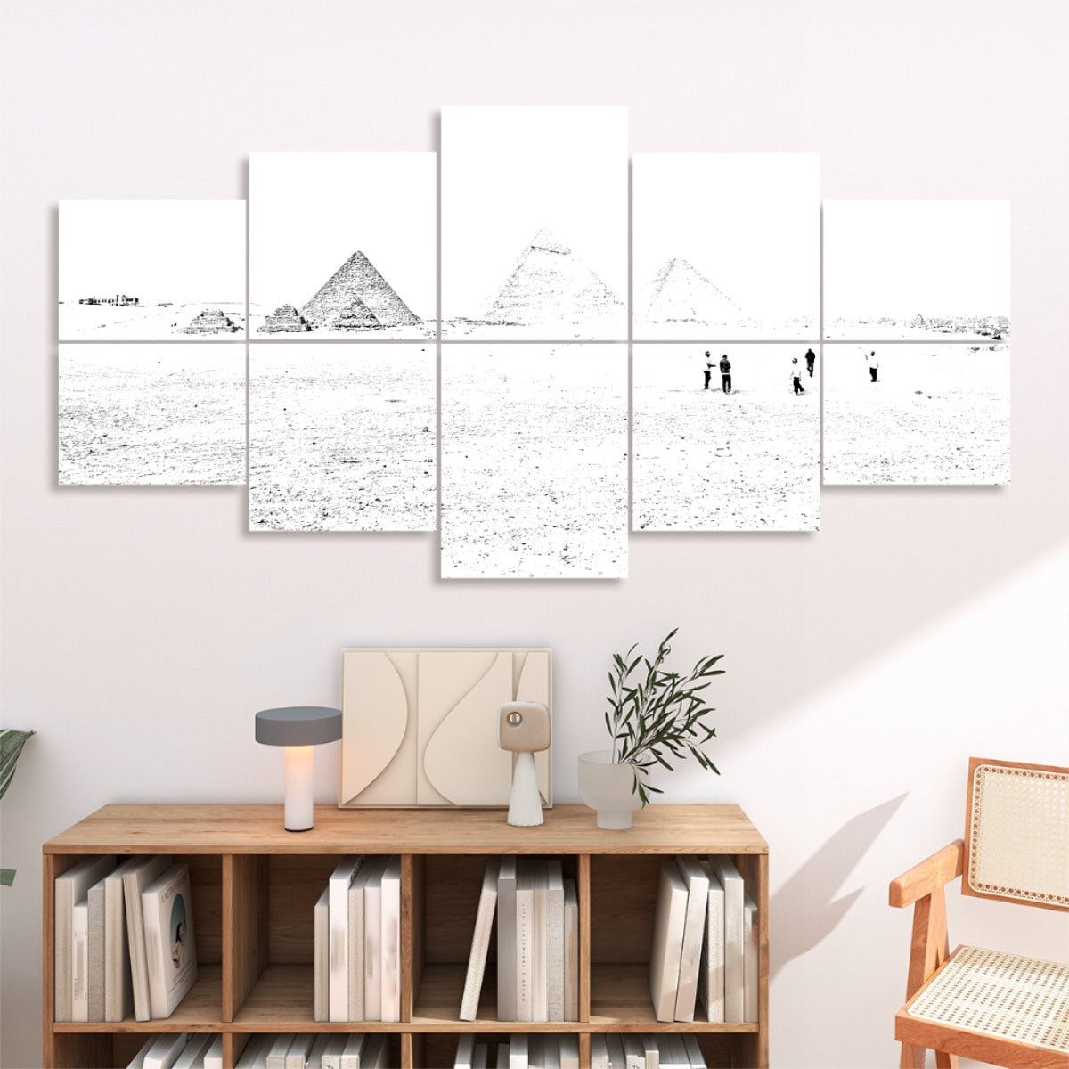 High contrast black and white view of the pyramids of Giza and surrounding desert