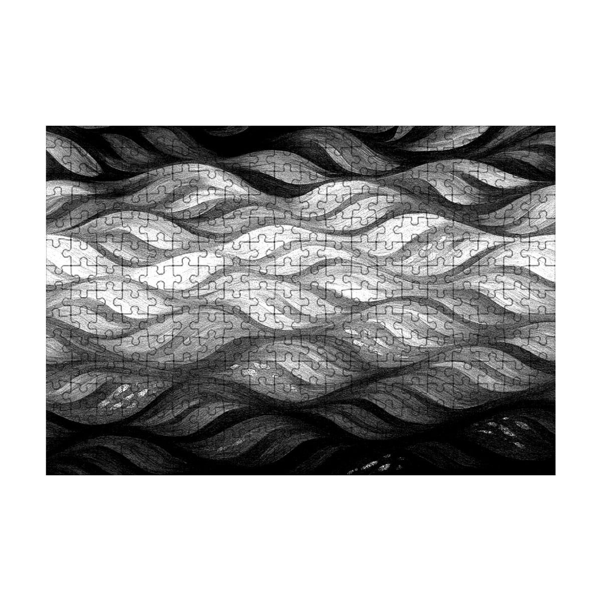 300 piece wooden jigsaw puzzle in black and white showing high-contrast wave patterns