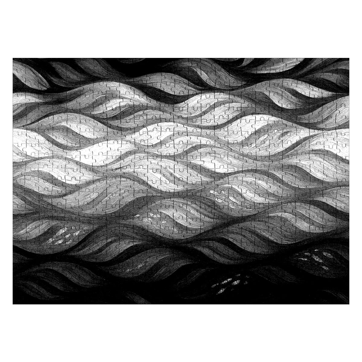 500 piece wooden jigsaw puzzle in black and white showing high-contrast wave patterns
